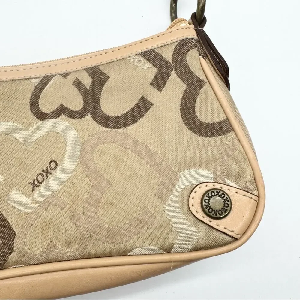 Vintage Y2K XOXO Hearts Canvas Baguette Shoulder Bag Tan Signature Girly Grunge